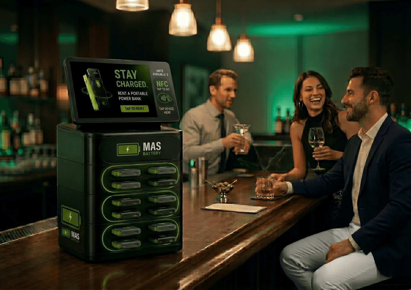 A MasBattery station in a bar, screen running a brand ad