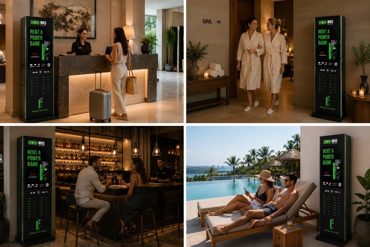 MasBattery stations across hotel, spa, bar and poolside settings